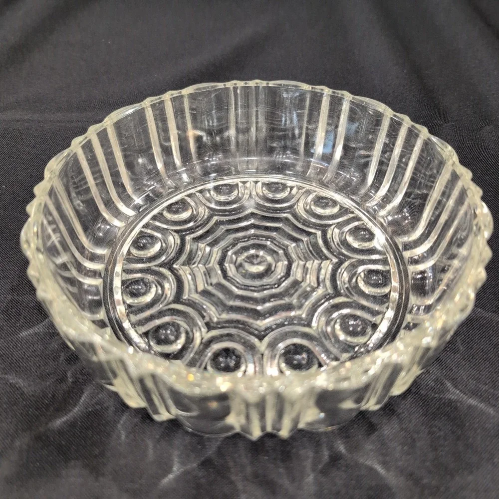 Vintage Clear Pressed Glass Ribbed Bowl Geometric Sunburst Base Candy Dish - Picture 2 of 6